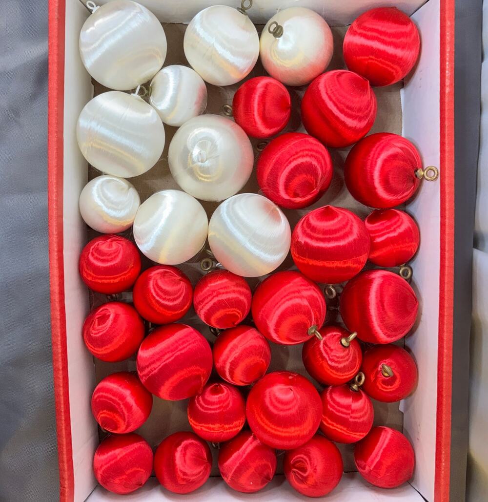 Lot of 35 Vintage Shiny Satin Sheen Spun Styrofoam Ornaments Red & White 3 Sizes